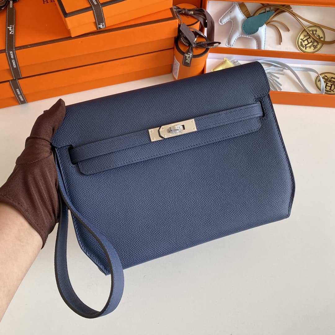 Hermes Kelly Depeches 25 Pouch Epsom Leather Bleu Saphir WAX High