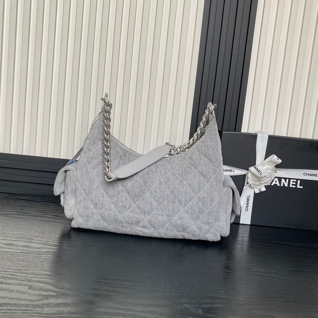 Chanel Trendy Pockets Hobo Bag Denim & Silver Metal Grey AS5302 A