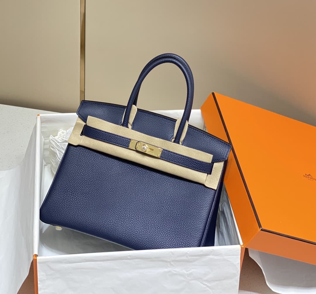 Hermes Birkin 25/30/35cm Bag Calfskin Silver/Gold Metal In Navy High