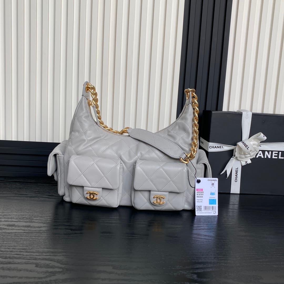 Chanel Trendy Pockets Hobo Bag Lambskin & Gold Metal Grey AS5302 A