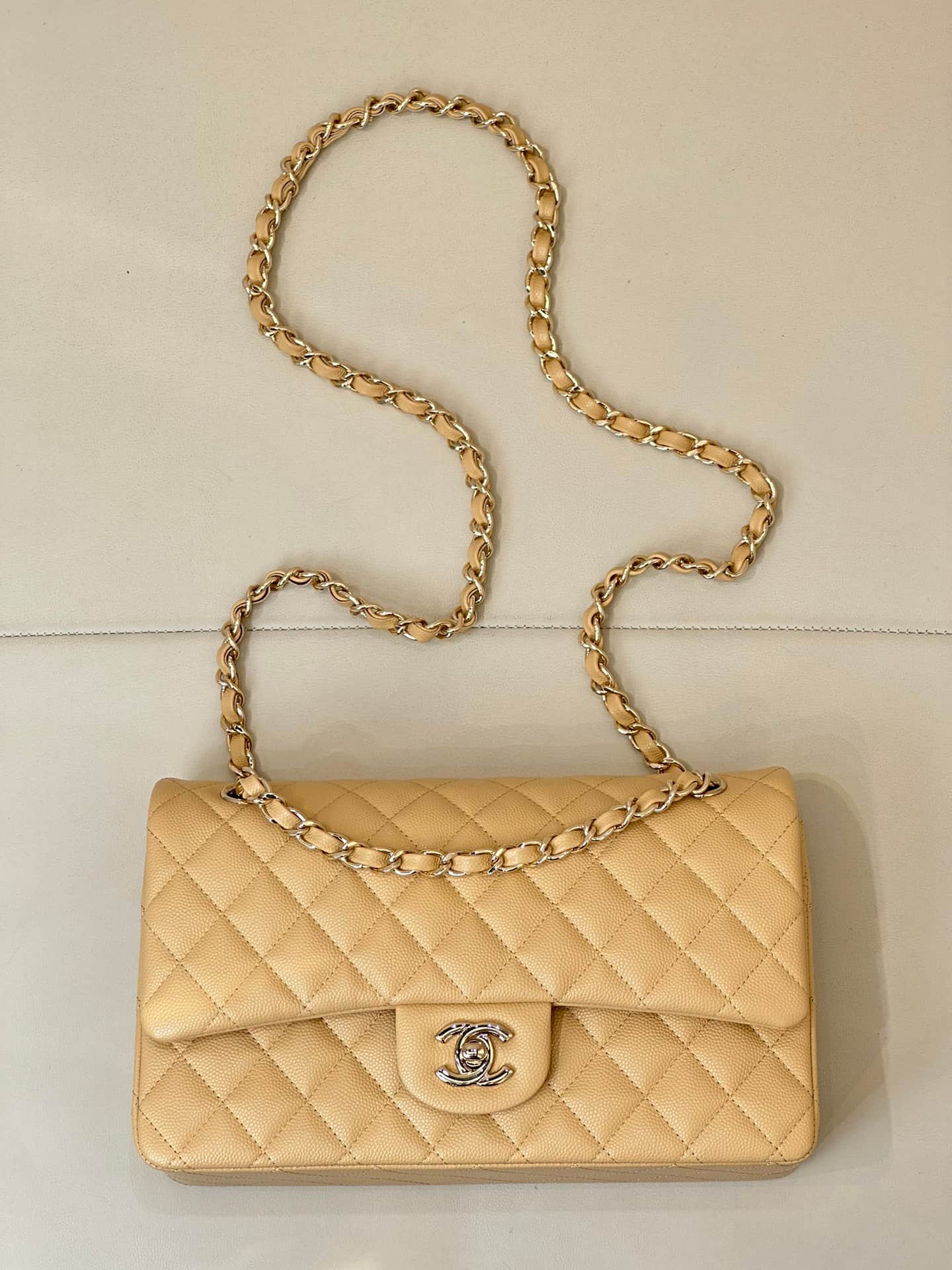 Chanel Medium CLASSIC HANDBAG Grained  Calfskin & Gold-Tone Metal Yellow TOP