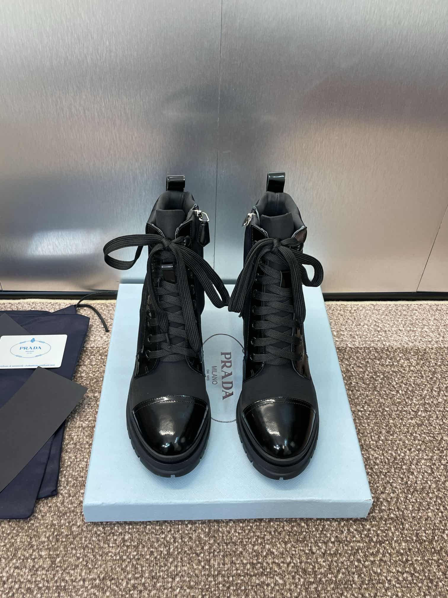 Prada Enameled Metal Triangle Nylon Combat Boots Shoes Medium Women