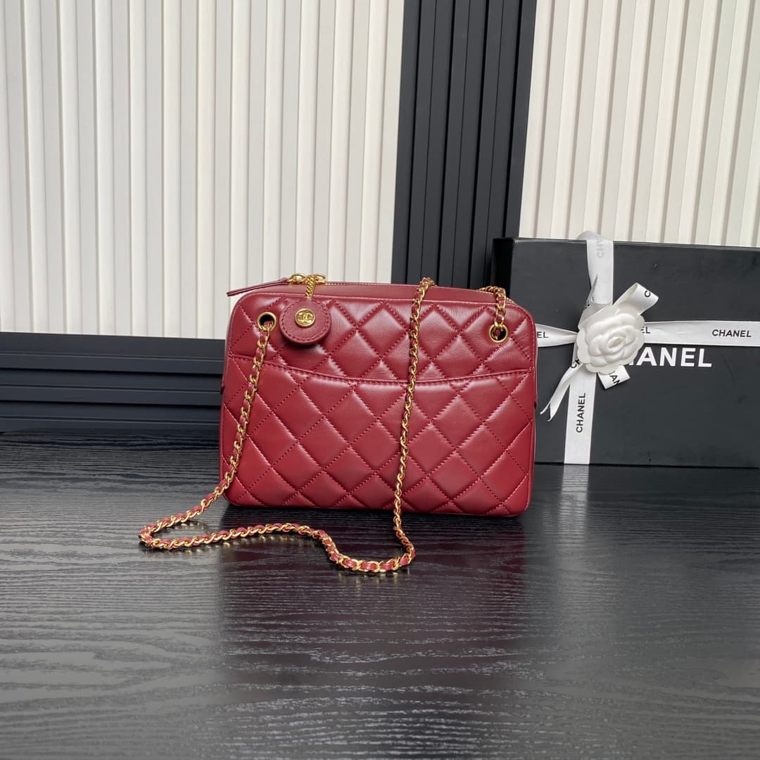 Chanel Maxi Camera Case Lambskin & Gold-Tone Metal Burgundy AS5187 A