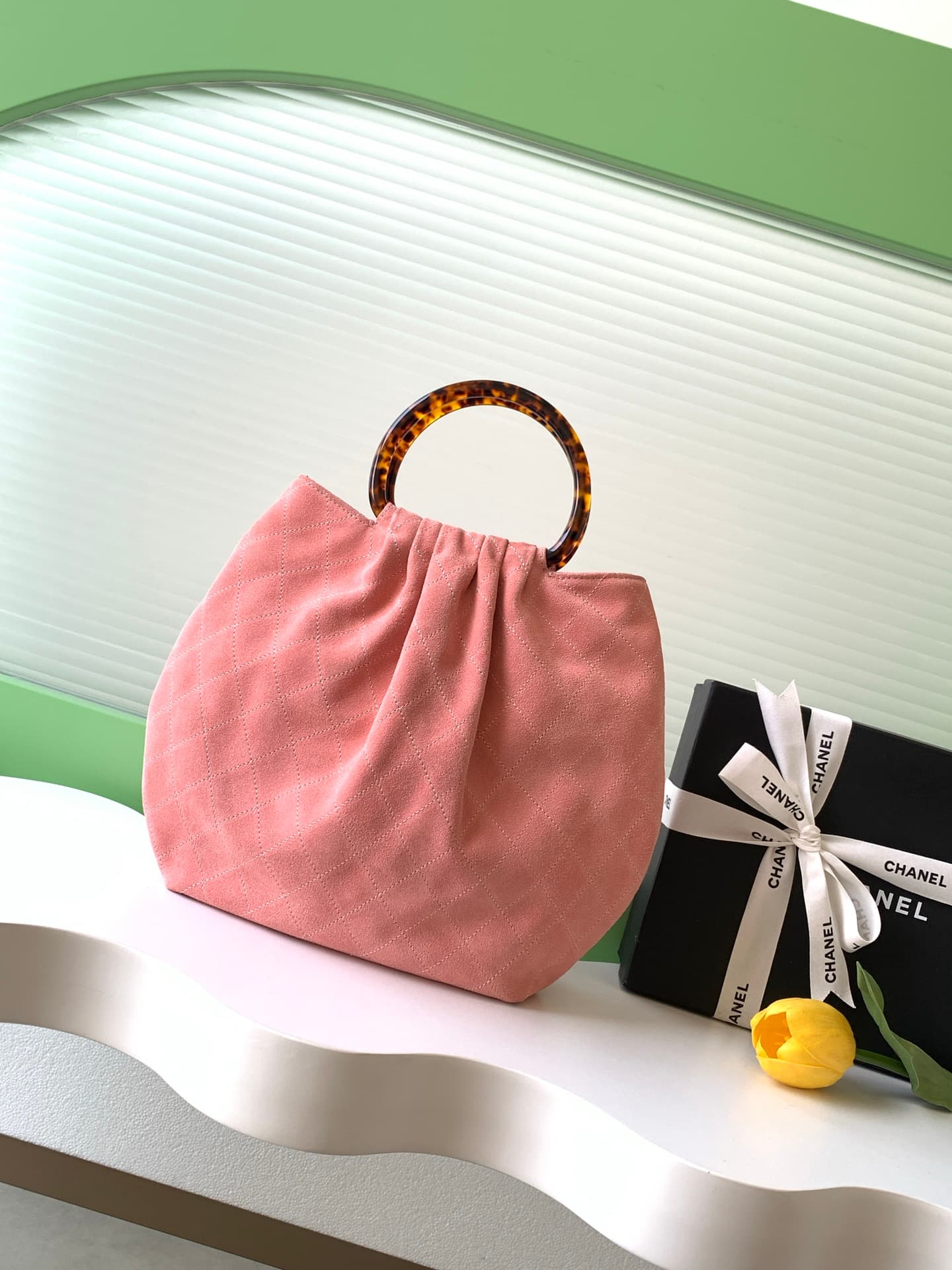 Chanel Medium Hobo Bag Suede Calfskin Turtoise-Shell Effect Plexi & Gold-Tone Metal Pink AS6010 High