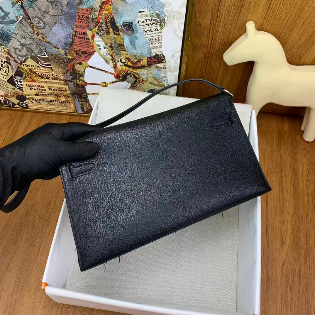 Hermes Kelly Elan  Madame Leather Black Silver-Metal Ostrich Feathers WAX High Customized Style