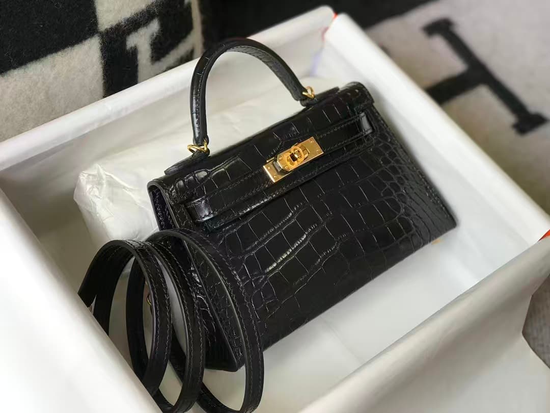 Hermes Kelly Mini II Bag Embossed Crocodile Leather WAX Silver/Gold Metal High Customizing style