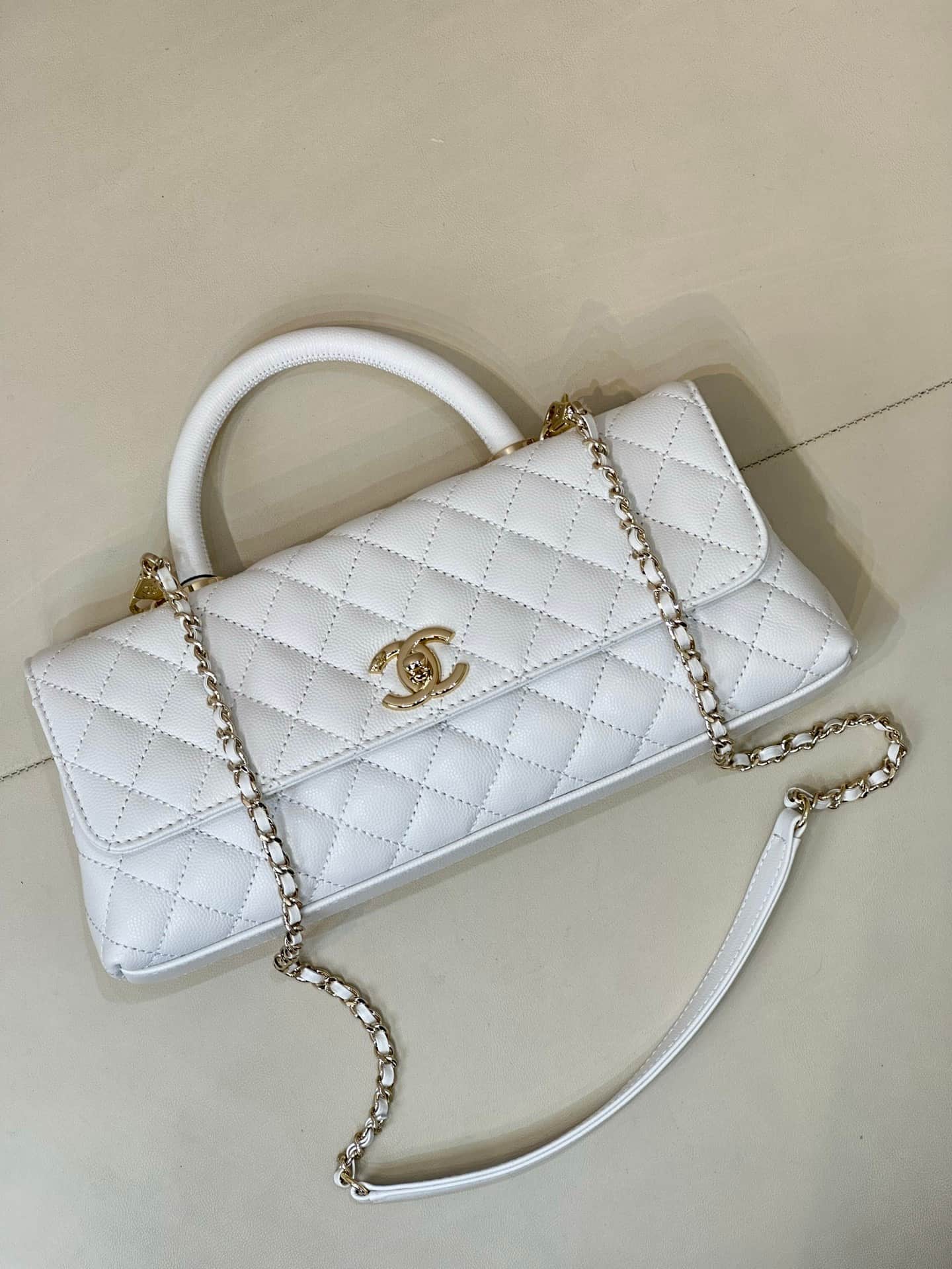 Chanel Maxi Flap Bag with Top Handle Grained Calfskin& Gold-Tone Metal AS6091 White TOP