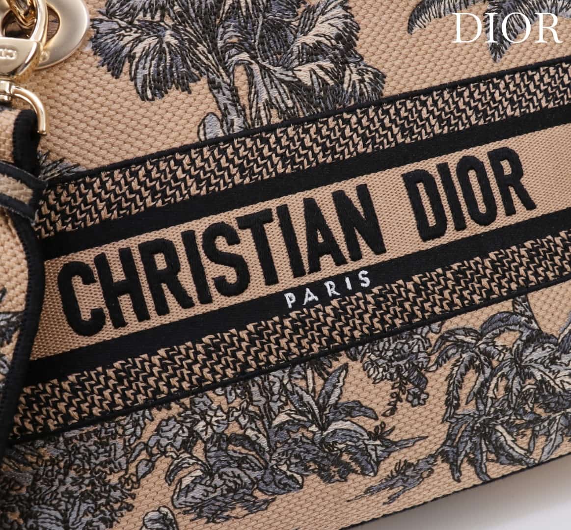 Medium Lady D-Lite Bag Beige and Black Toile de Jouy Palms Embroidery High