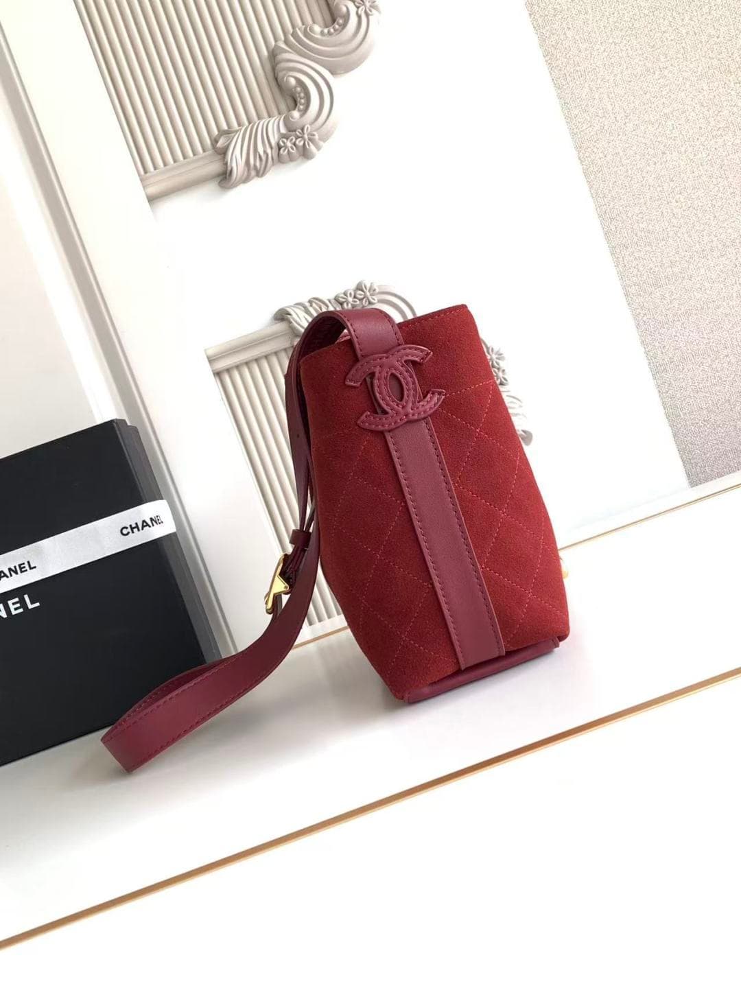 Chanel Small Bucket Bag Suede Calfskin & Gold-Tone Metal Burgundy AS6537 A