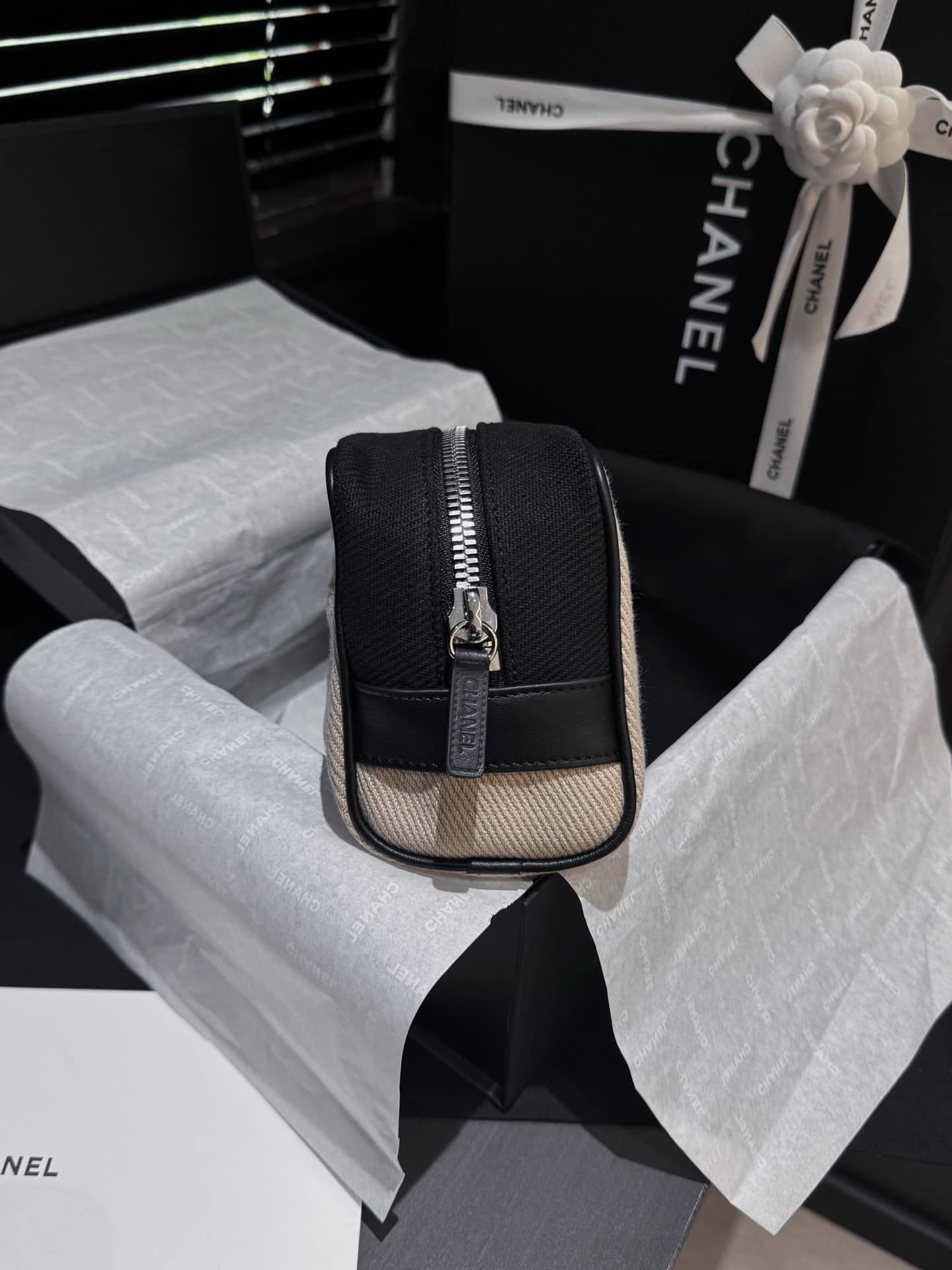 Chanel Small Zipped Pouch Canvas Calfskin Beige & Black AP5266 A