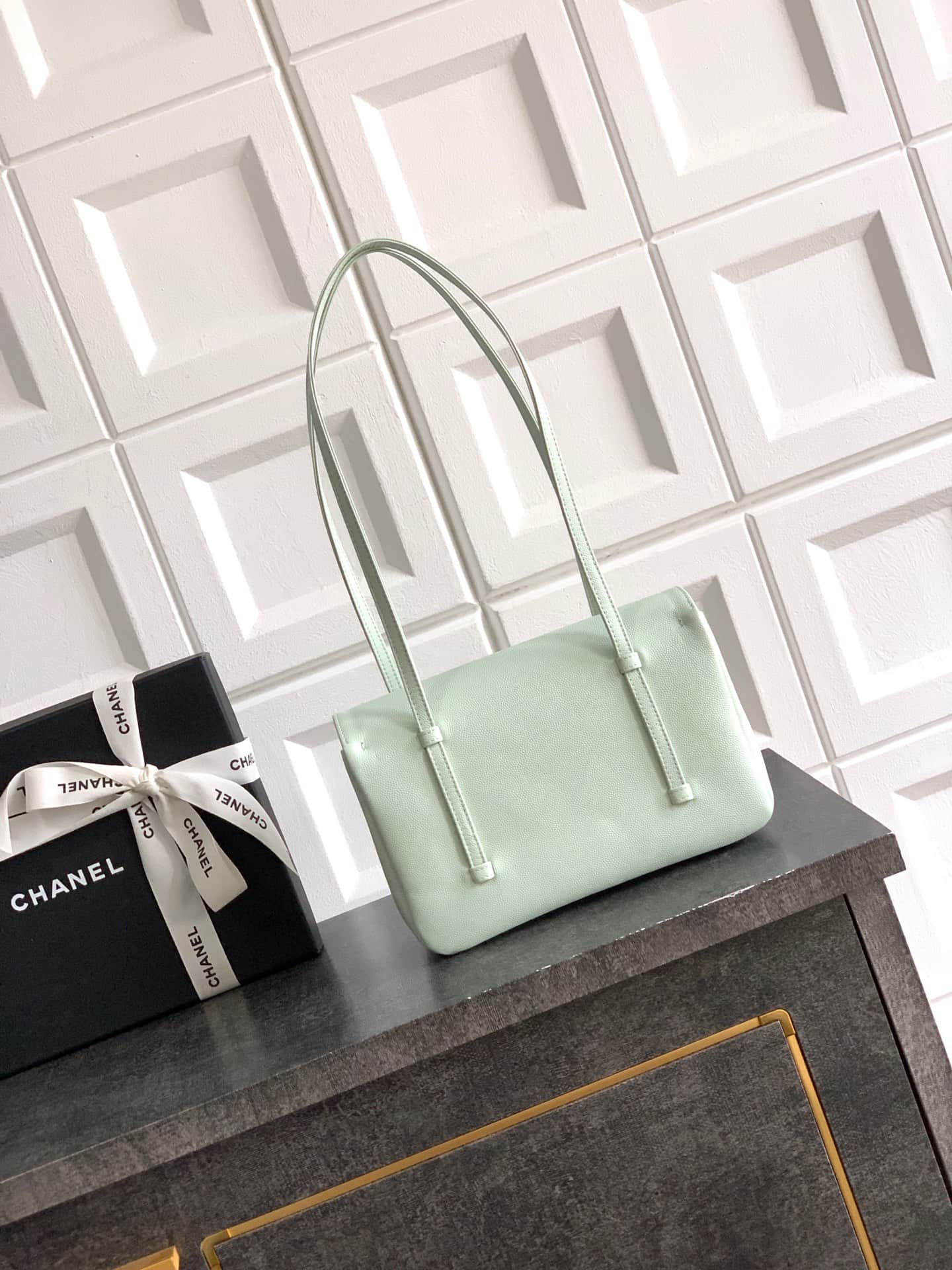 Chanel Clutch with Leather Strap Grained Shiny Calfskin & Gold-Tone Metal Light Green  5809 High