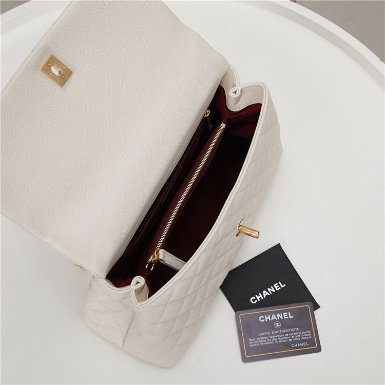 Medium FLAP BAG WITH TOP HANDLE Grained Calfskin Gold Metal High