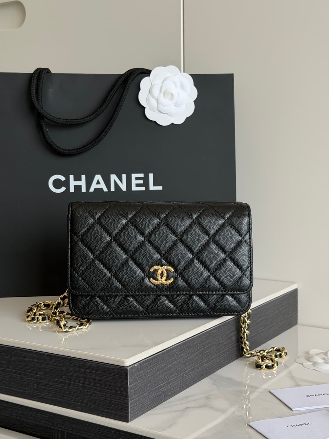 Chanel Wallet on Chain Shiny Grained Calfskin Strass & Gold-Tone Metal Black AP5073 High