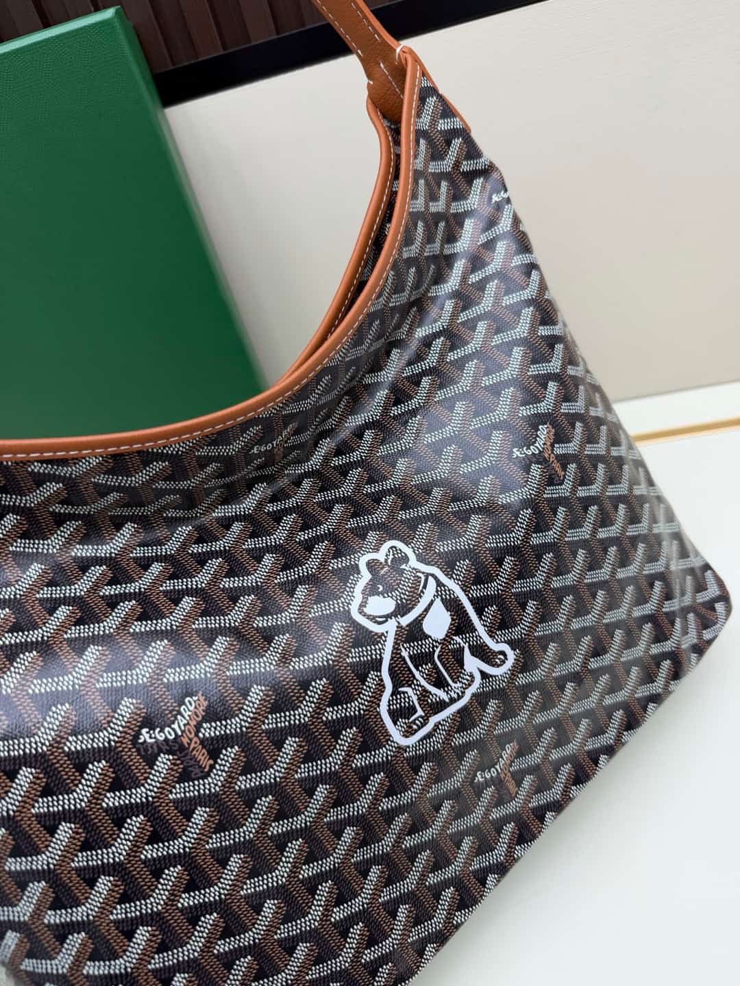 Goyard Bohème Brown Hobo Bag Chevron Canvas and White Painted Mascot High