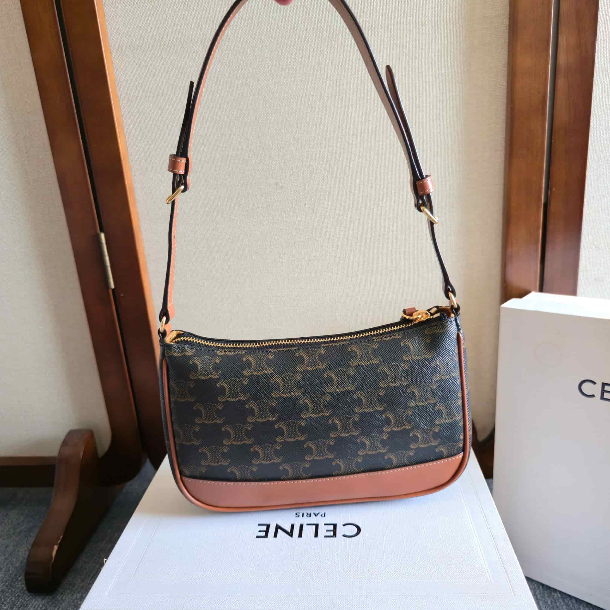 Celine Triomphe Canvas Shoulder Bag in Tan High