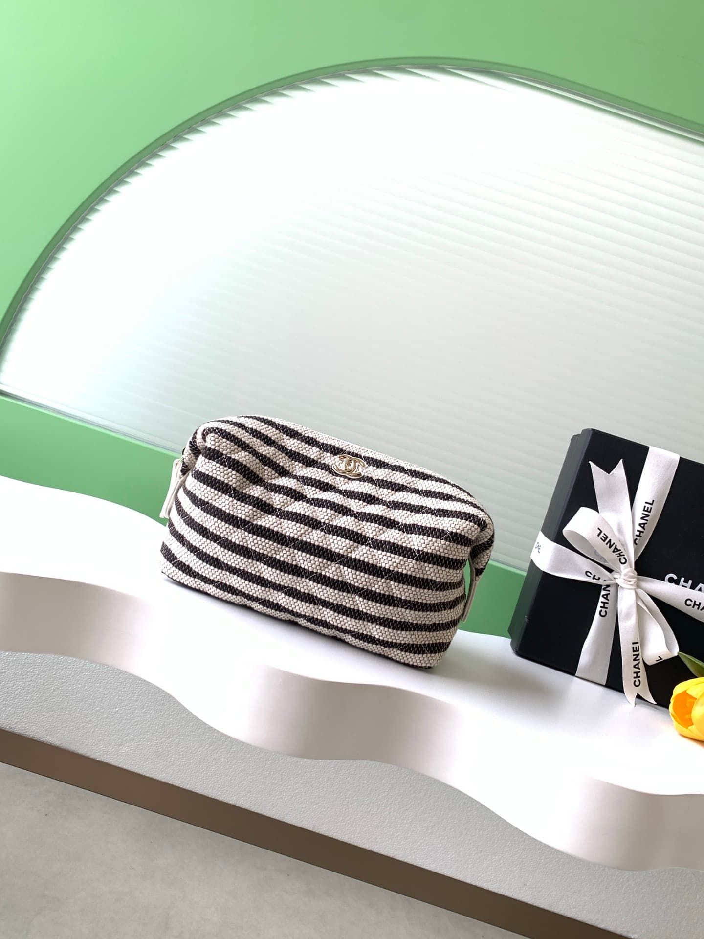 CHANEL Stripe Cosmetic Pouch Bag Printed fabric & Gold-Tone Metal Beige & Light Black AP4990 A