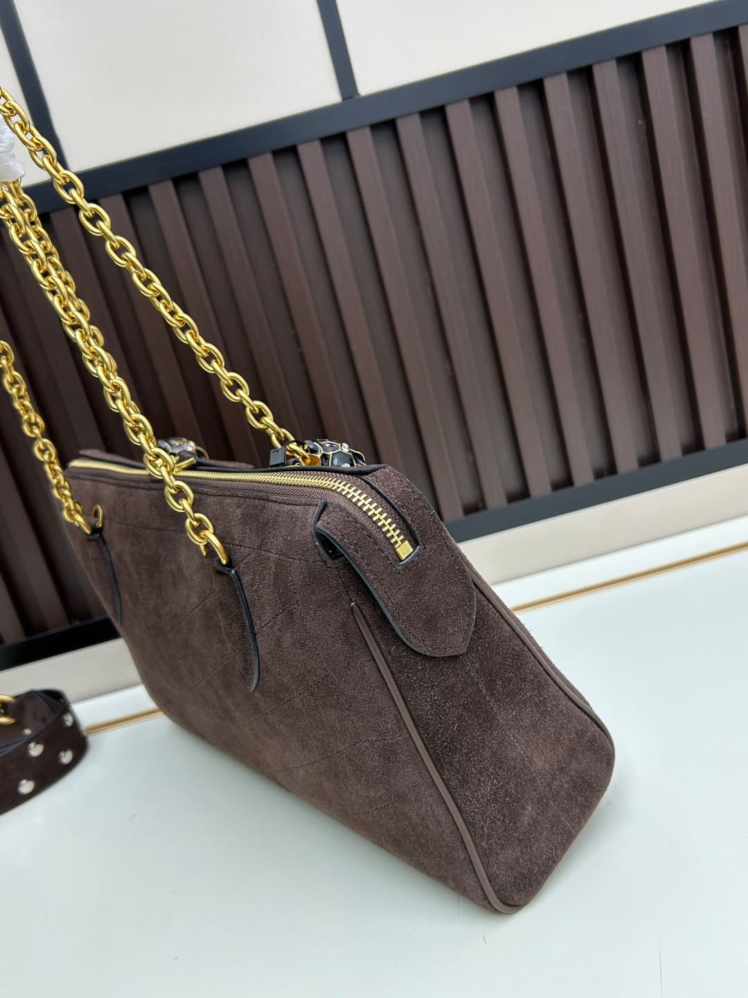 Valentino VLogo Garavani Panthea Shoulder Bag Dark Coffee Suede Mid