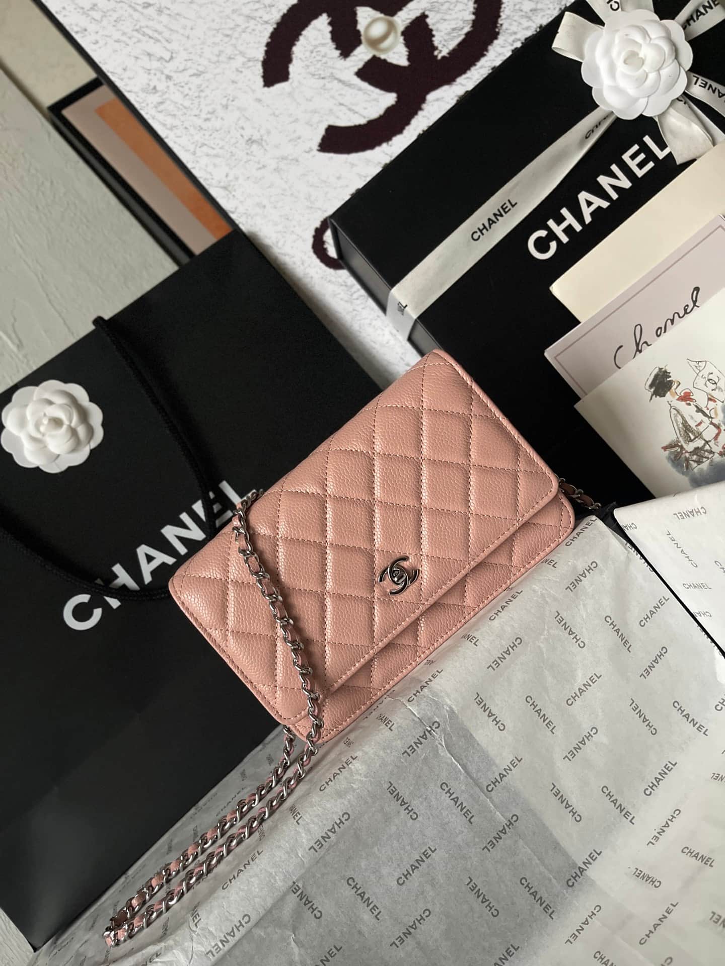 Chanel Classic Wallet on Chain Grained Shiny Calfskin & Silver-Tone Metal AP4241 Light Pink A