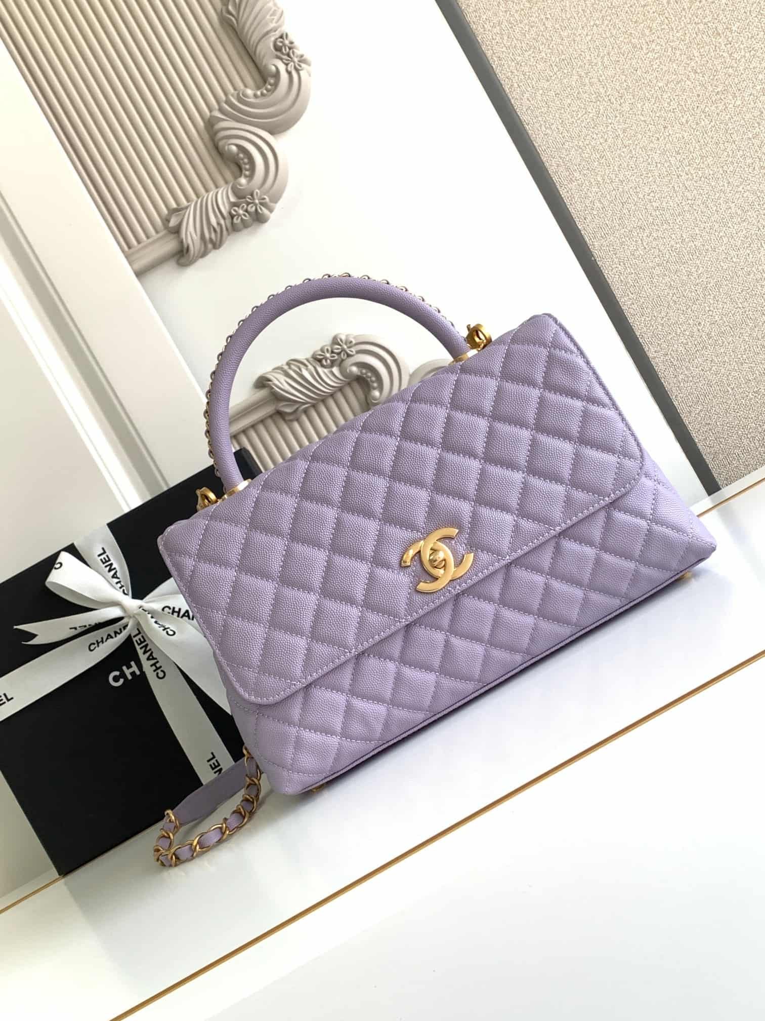 Medium FLAP BAG WITH TOP HANDLE Grained Calfskin A92991 Purple-binding Gold Metal A