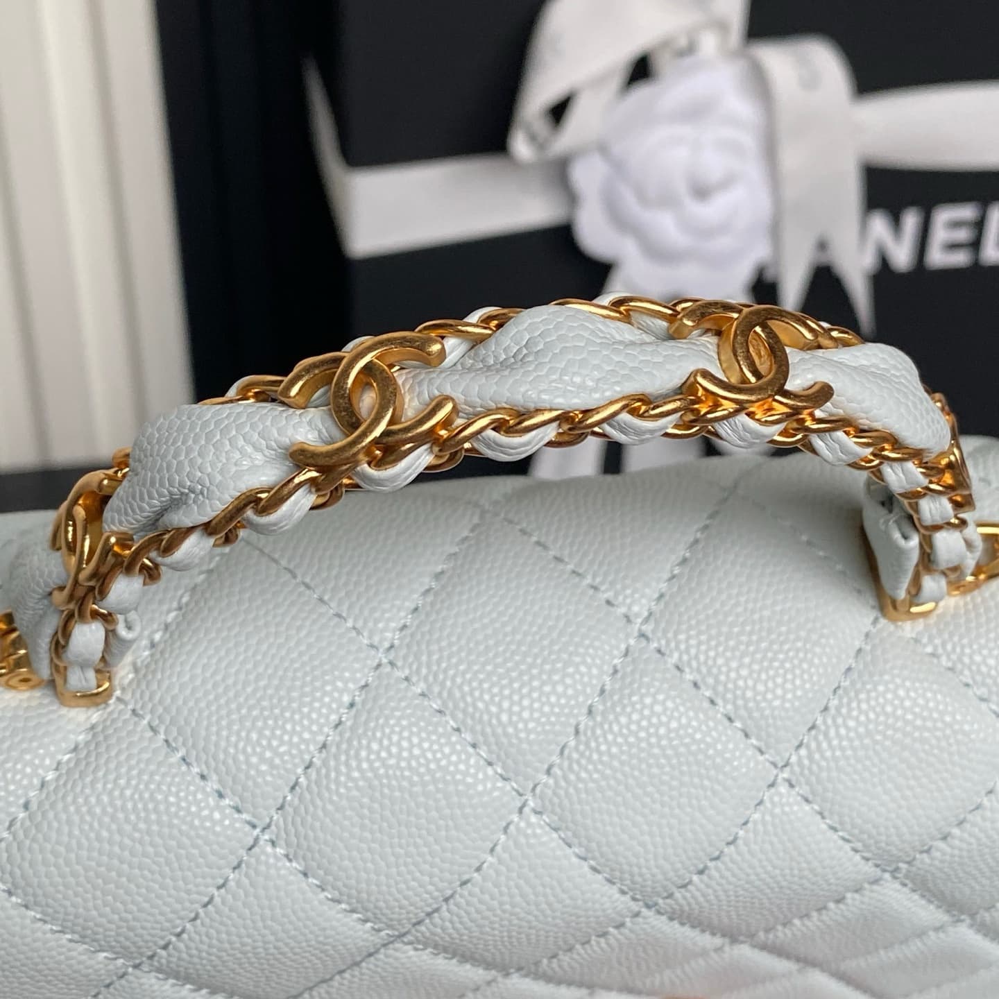 Chanel Mini Flap Bag with Top Handle Grained Shiny Calfskin & Gold-Tone Metal Blue AP4798 A