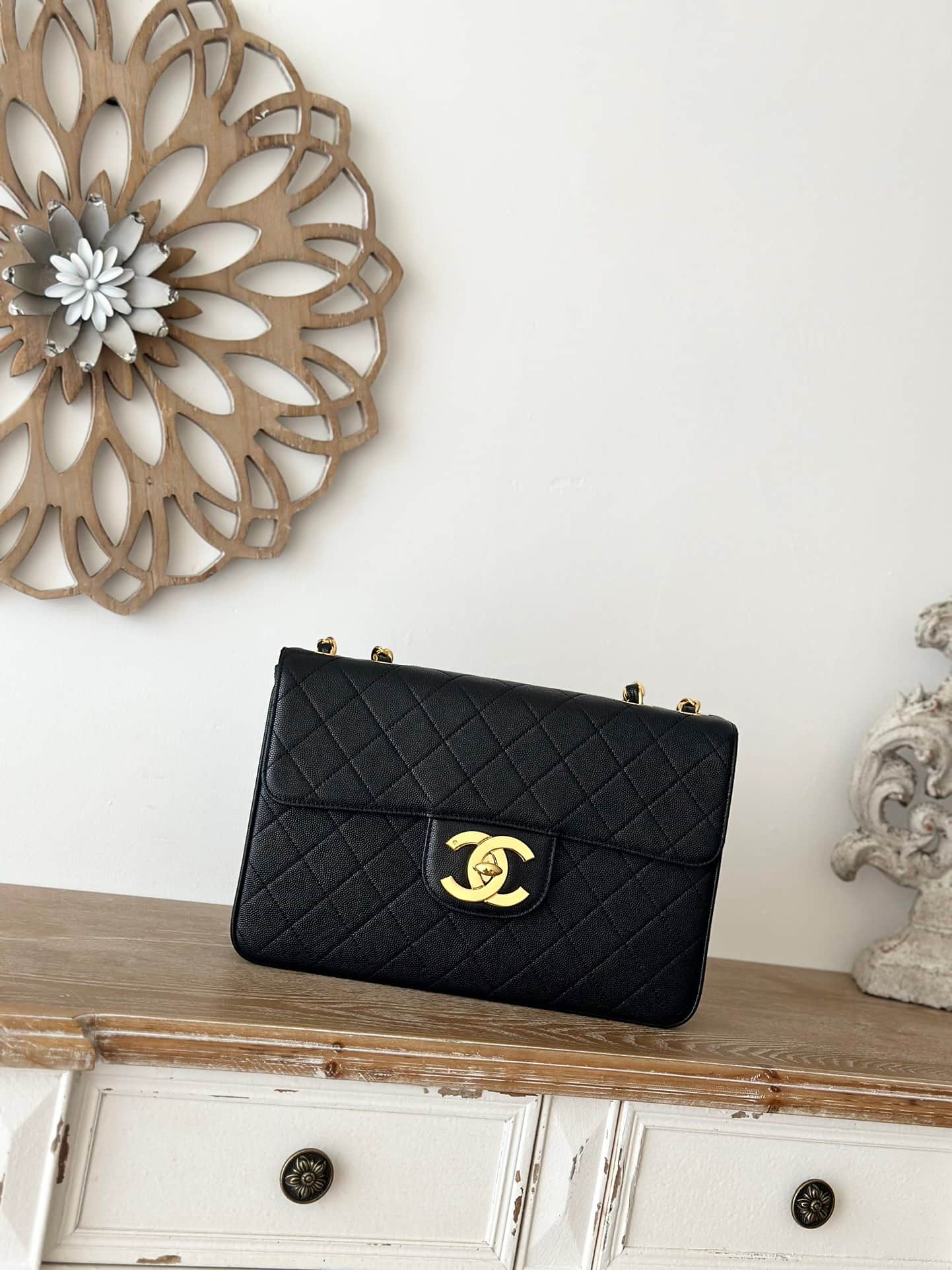 Chanel Vintage Large Classic Handbag Grained Calfskin & Gold-Tone Metal Black A