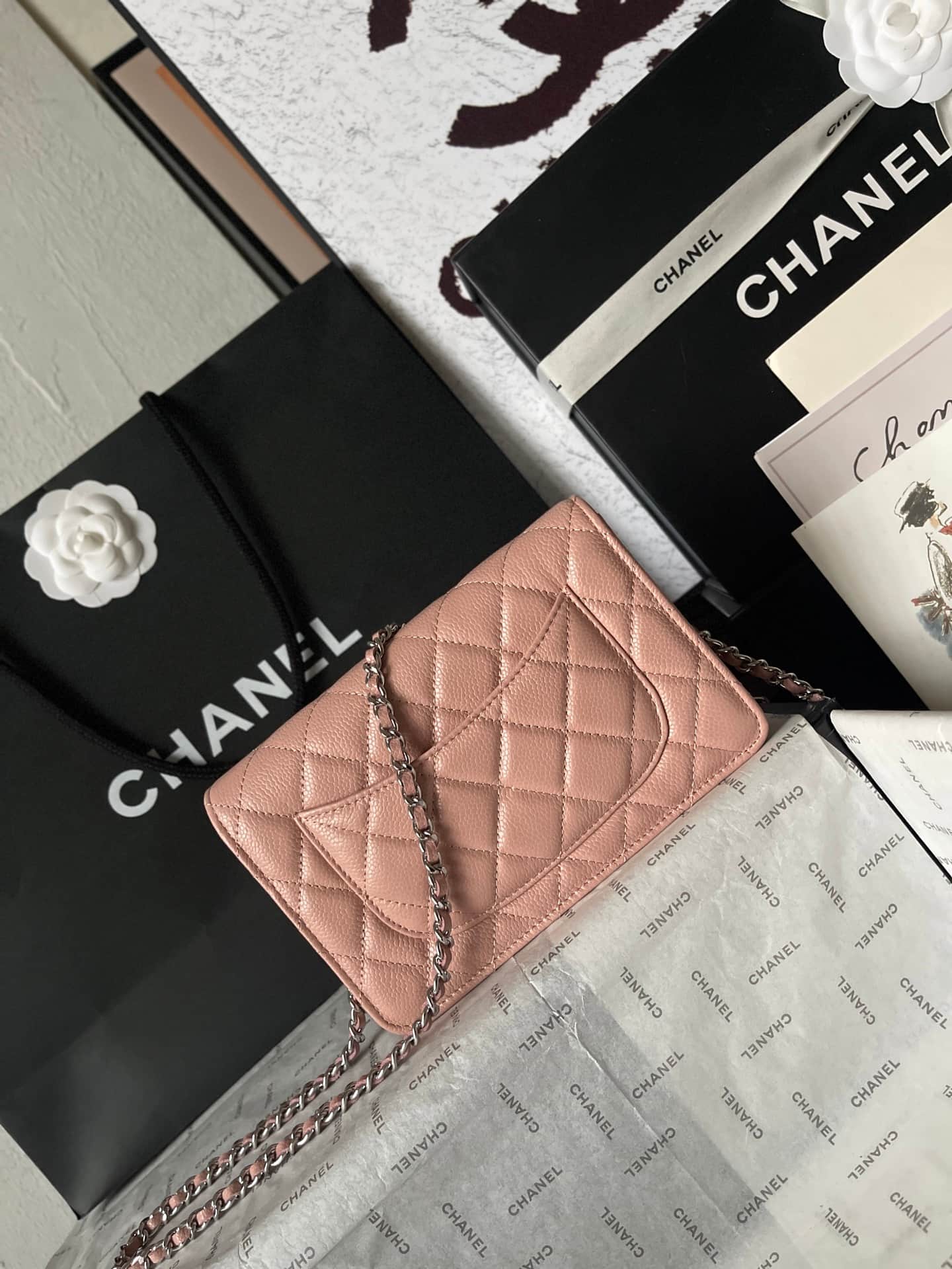 Chanel Classic Wallet on Chain Grained Shiny Calfskin & Silver-Tone Metal AP4241 Light Pink A