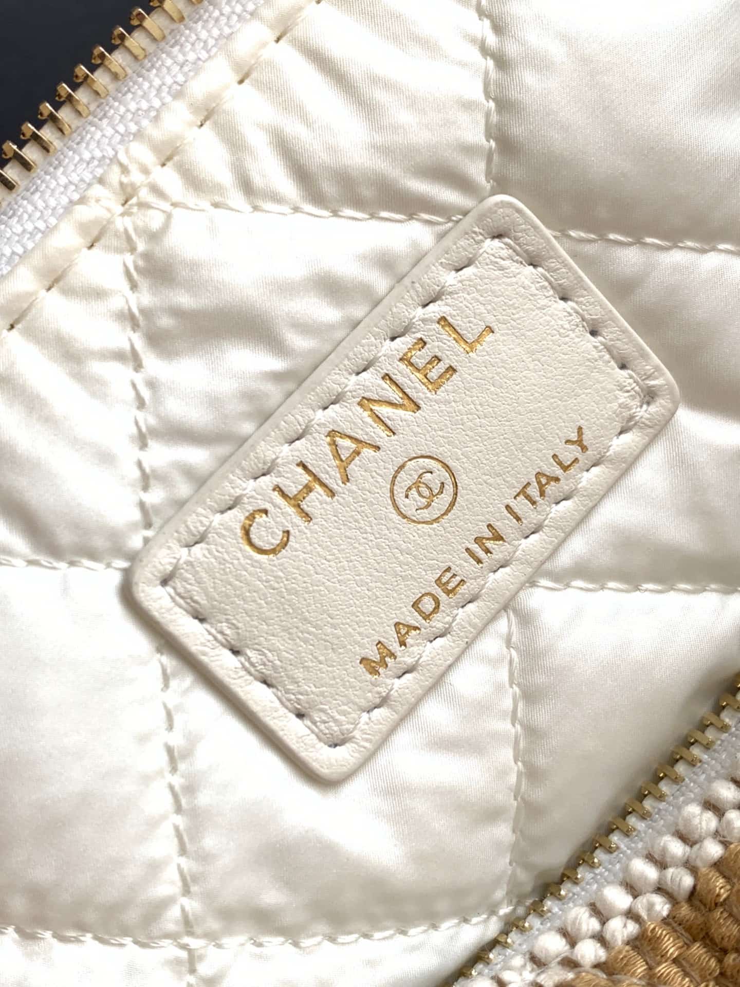 CHANEL Stripe Cosmetic Pouch Bag Printed fabric & Gold-Tone Metal Beige & Light Beige AP4990 A