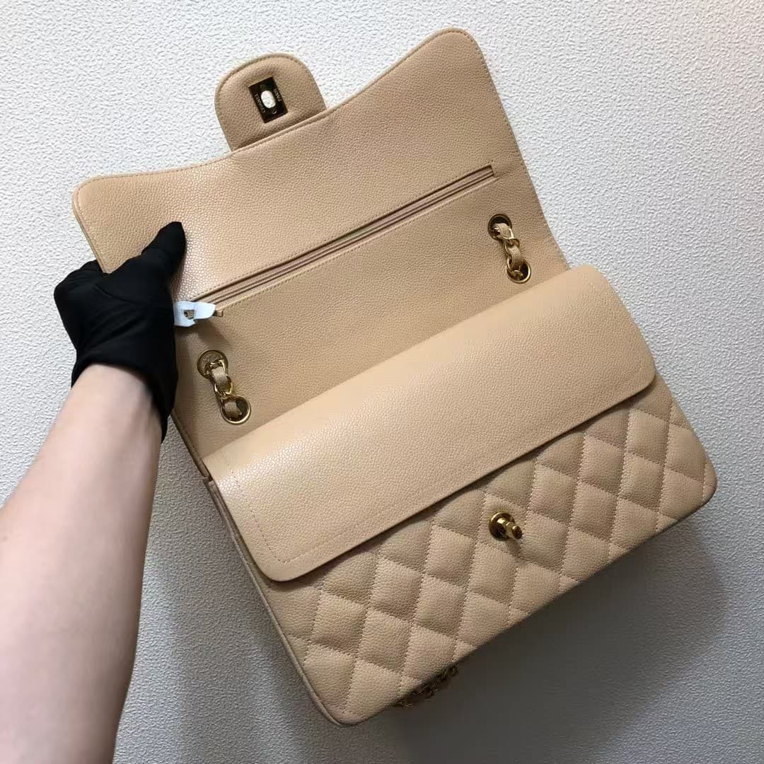 Large CLASSIC HANDBAG Grained Calfskin Gold Metal Beige A
