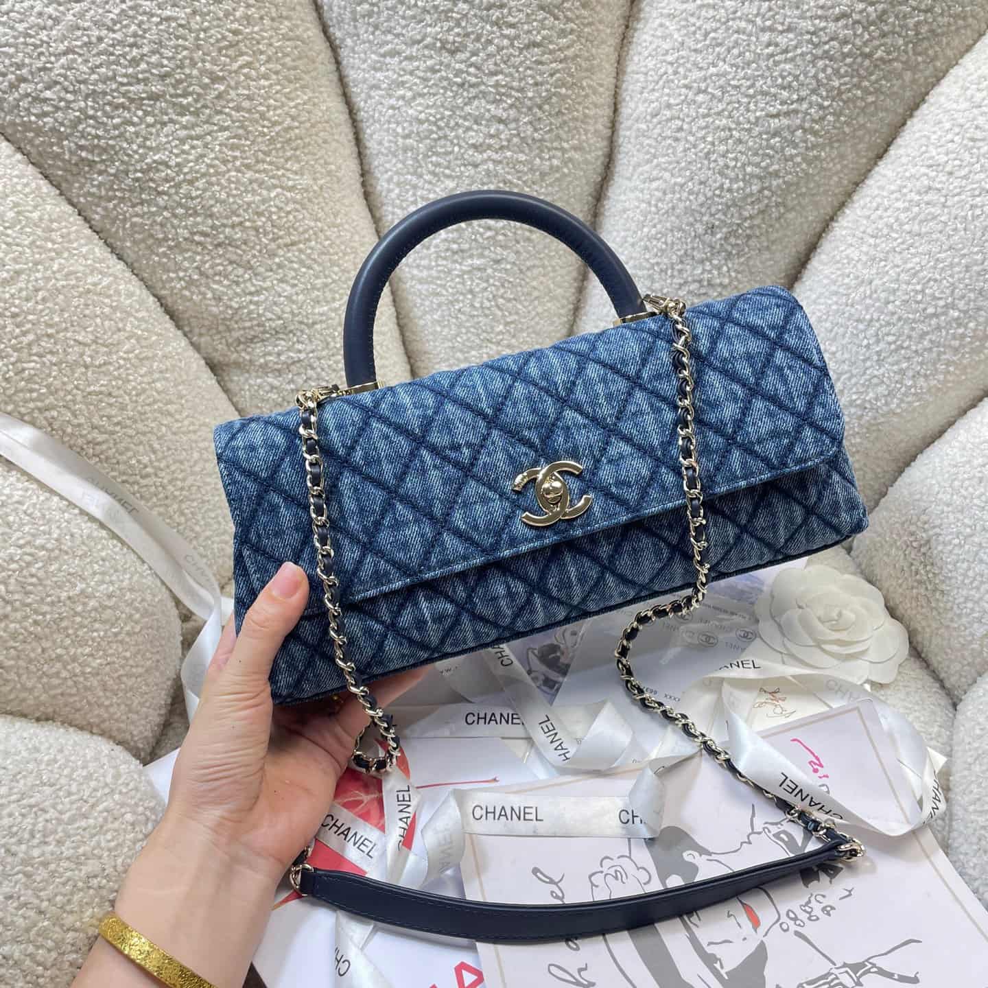 Chanel Maxi Flap Bag with Top Handle Washed Denim& Gold-Tone Metal AS6091 Blue A