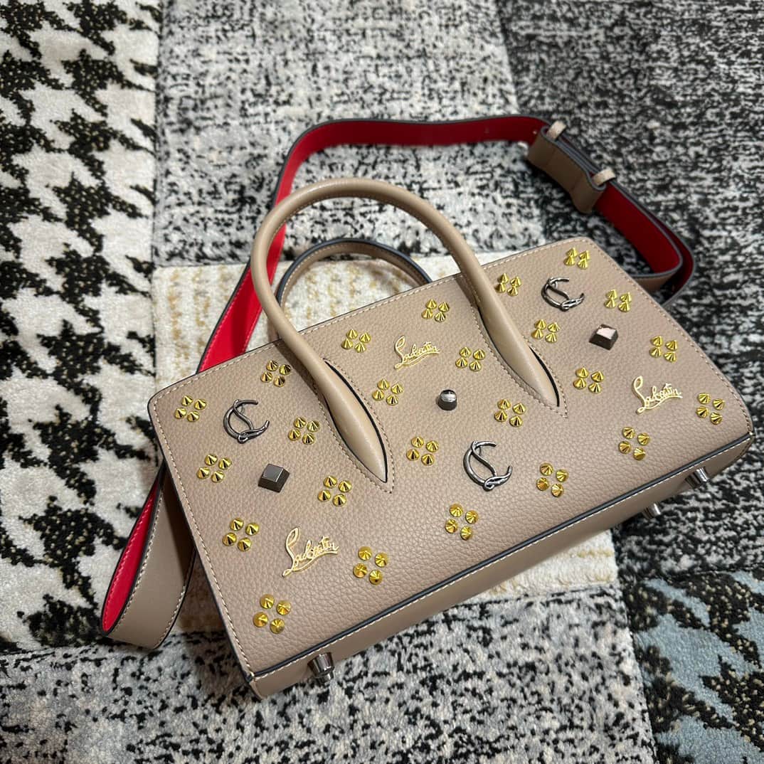 Christian Louboutin Paloma leather tote bag in beige with spikes &studs High