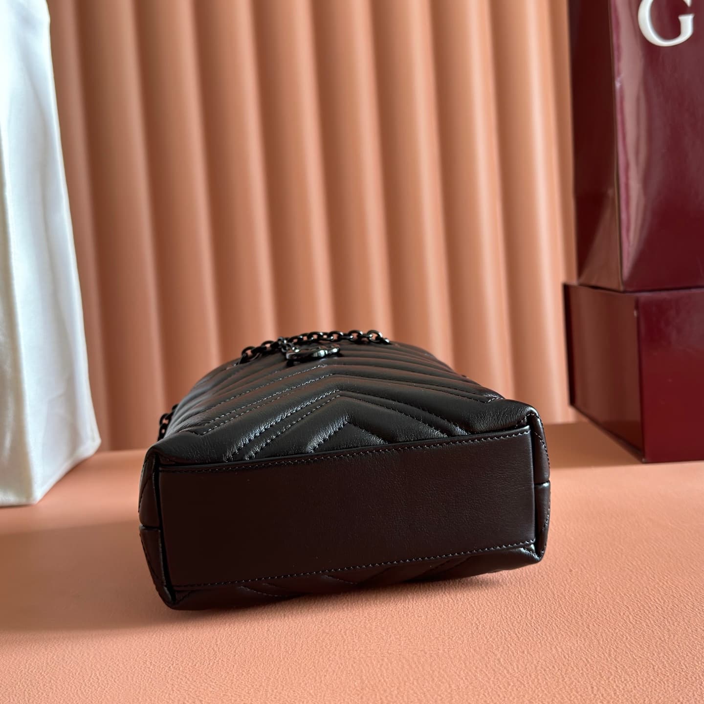 Gucci GG Marmont Nano Bucket Bag Black Matelassé Chevron Nappa Leather ‎856404 High