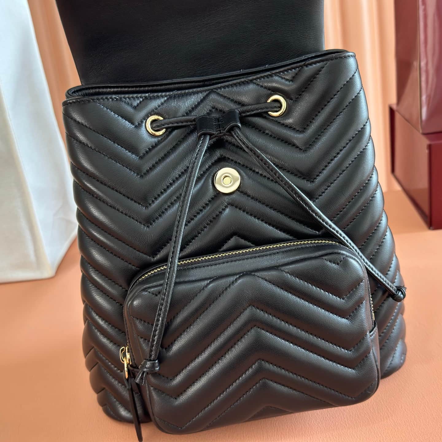 Gucci GG Marmont Small Backpack Black Matelassé Chevron Nappa Leather 861878  High