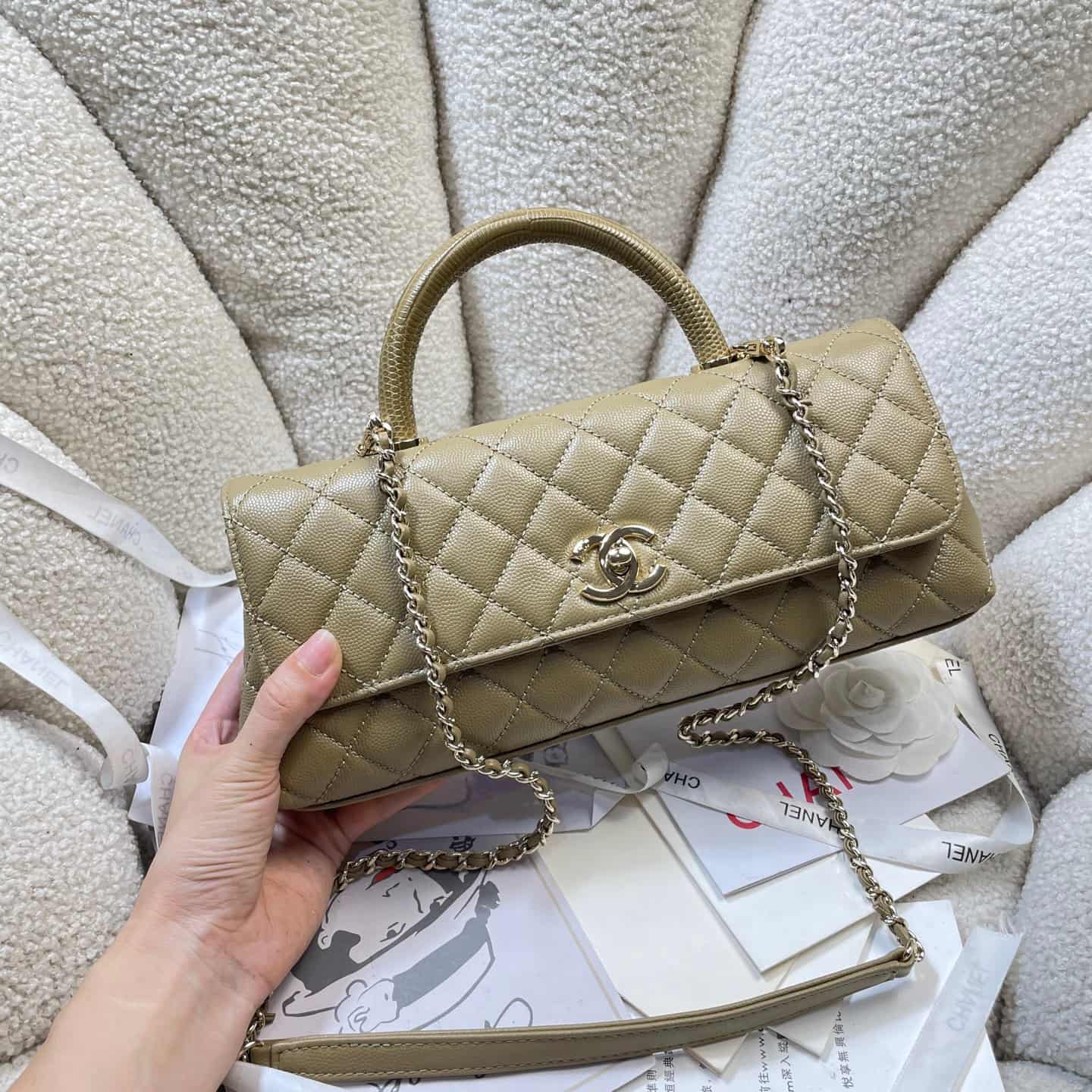 Chanel Maxi Flap Bag with Top Handle Grained Calfskin& Gold-Tone Metal AS6091 Dark Yellow A