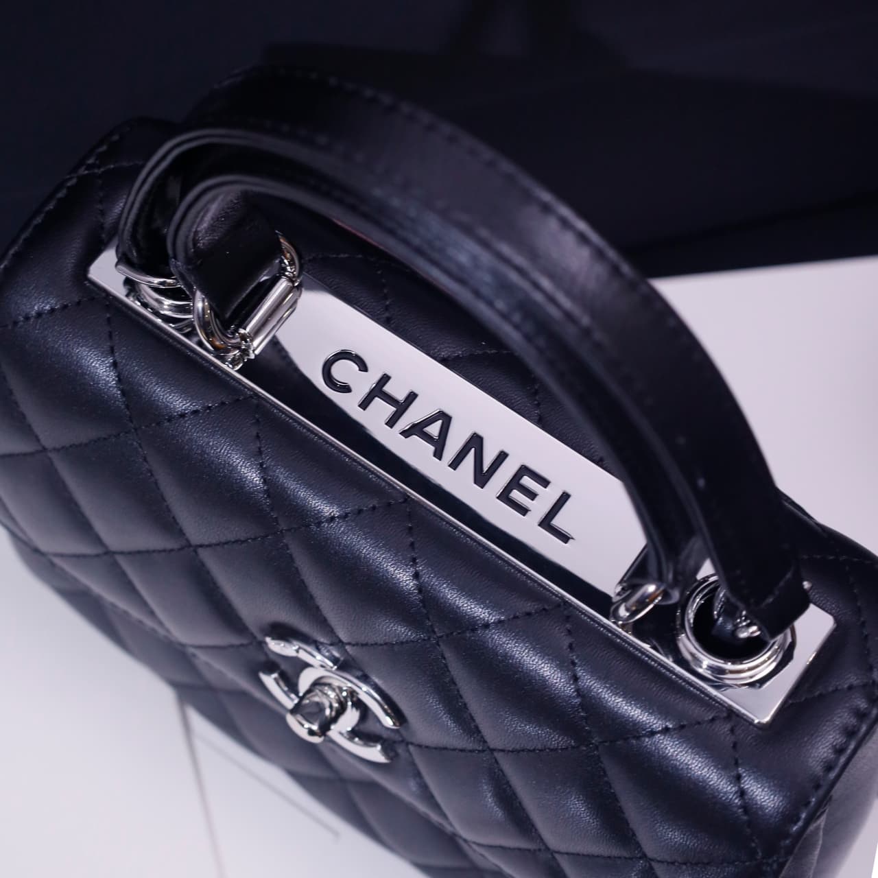 Chanel MINI FLAP BAG WITH TOP HANDLE AS4654 Lambskin &Silver-Tone Metal Black A