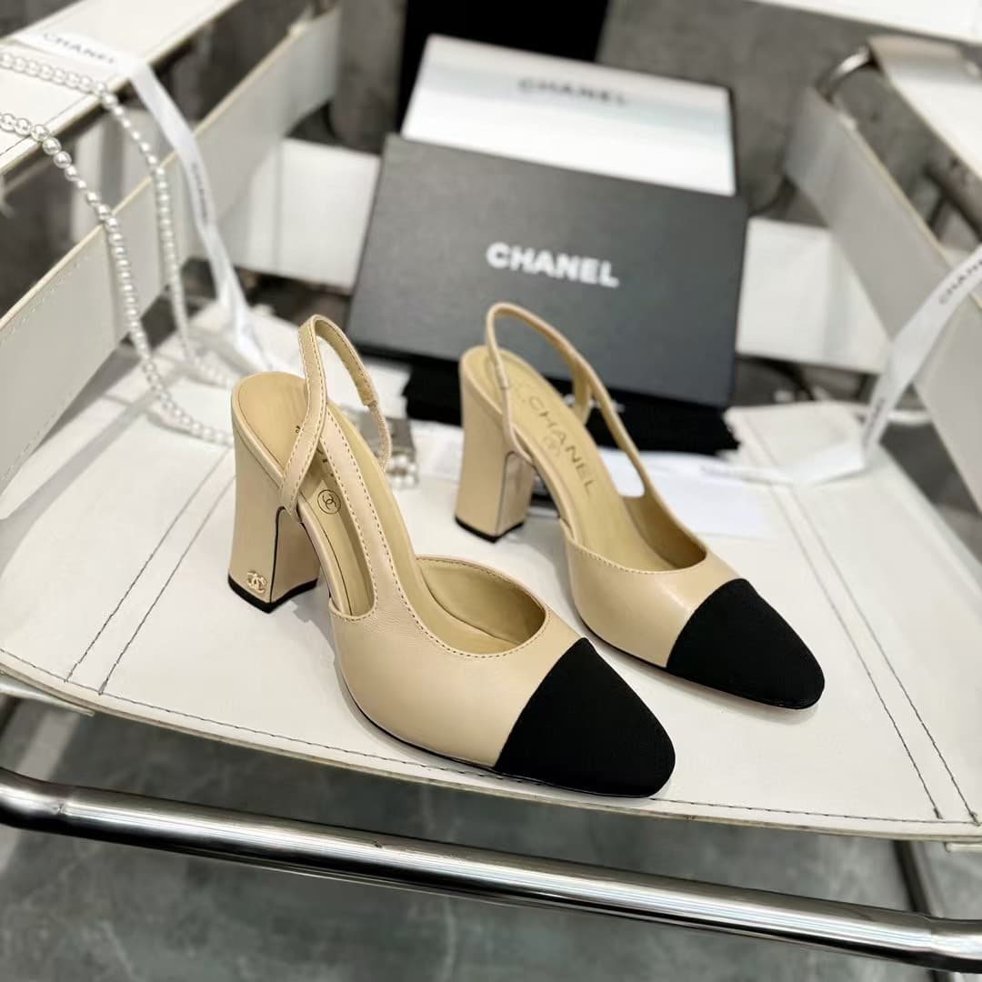 Chanel Slingbacks Goatskin & Grosgrain Beige & Black
