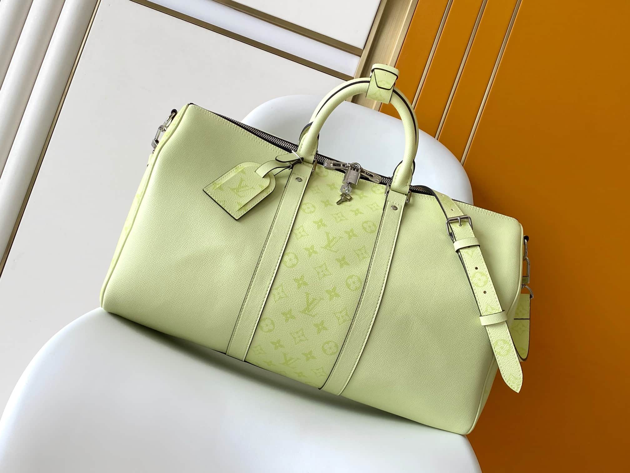 Louis Vuitton Keepall Bandoulière 45 Lemon Yellow Monogram coated canvas and Taiga cowhide leather M14124 High