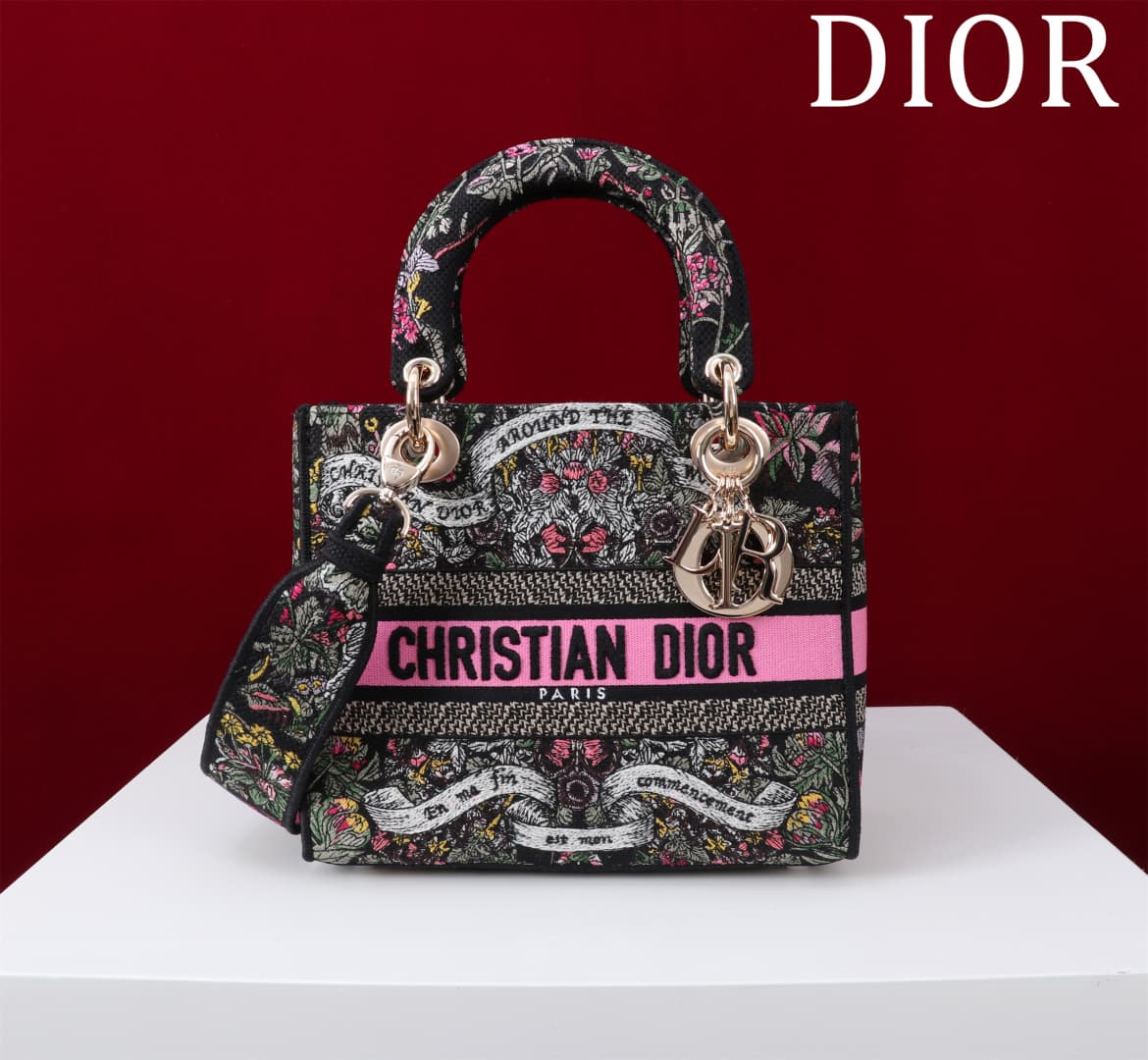 Medium Lady D-Lite Bag Latte Embroidery with Multicolor Dior Around the World Motif High