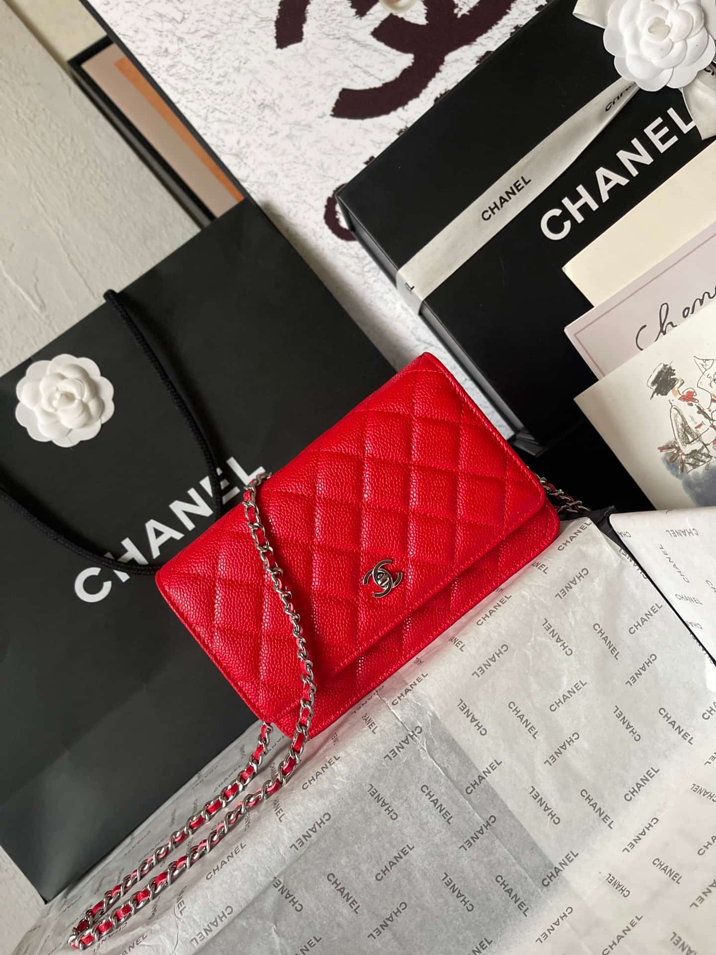 Chanel Classic Wallet on Chain Grained Shiny Calfskin & Silver-Tone Metal AP4241 Red A