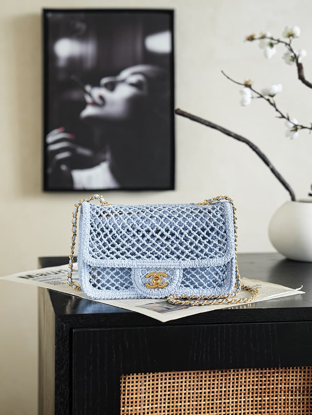 CHANEL Coco Beach Flap Bag Mesh, Strass & Gold-Tone Metal AS6156 Blue A