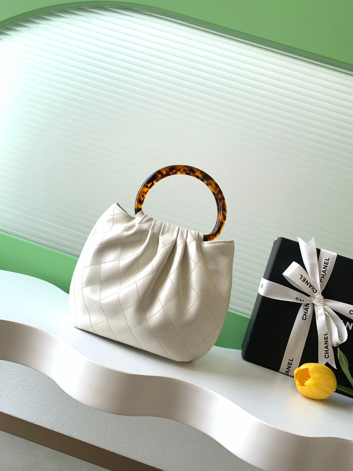 Chanel Small Hobo Bag Lambskin-Shell Effect Plexi & Gold-Tone Metal White AS6022 High