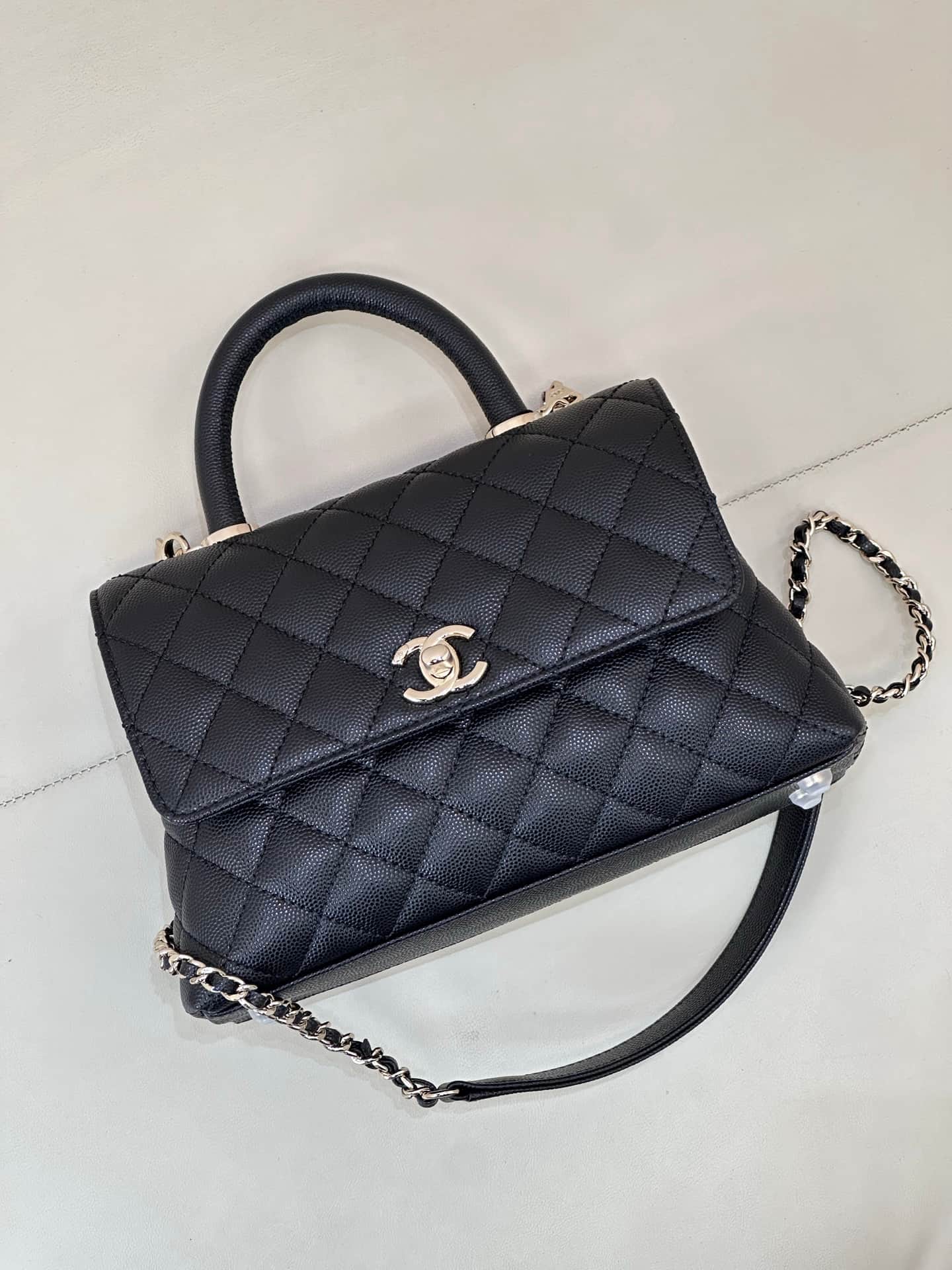 FLAP BAG WITH TOP HANDLE Grained Calfskin & Gold-Tone Metal A92990 Black  TOP