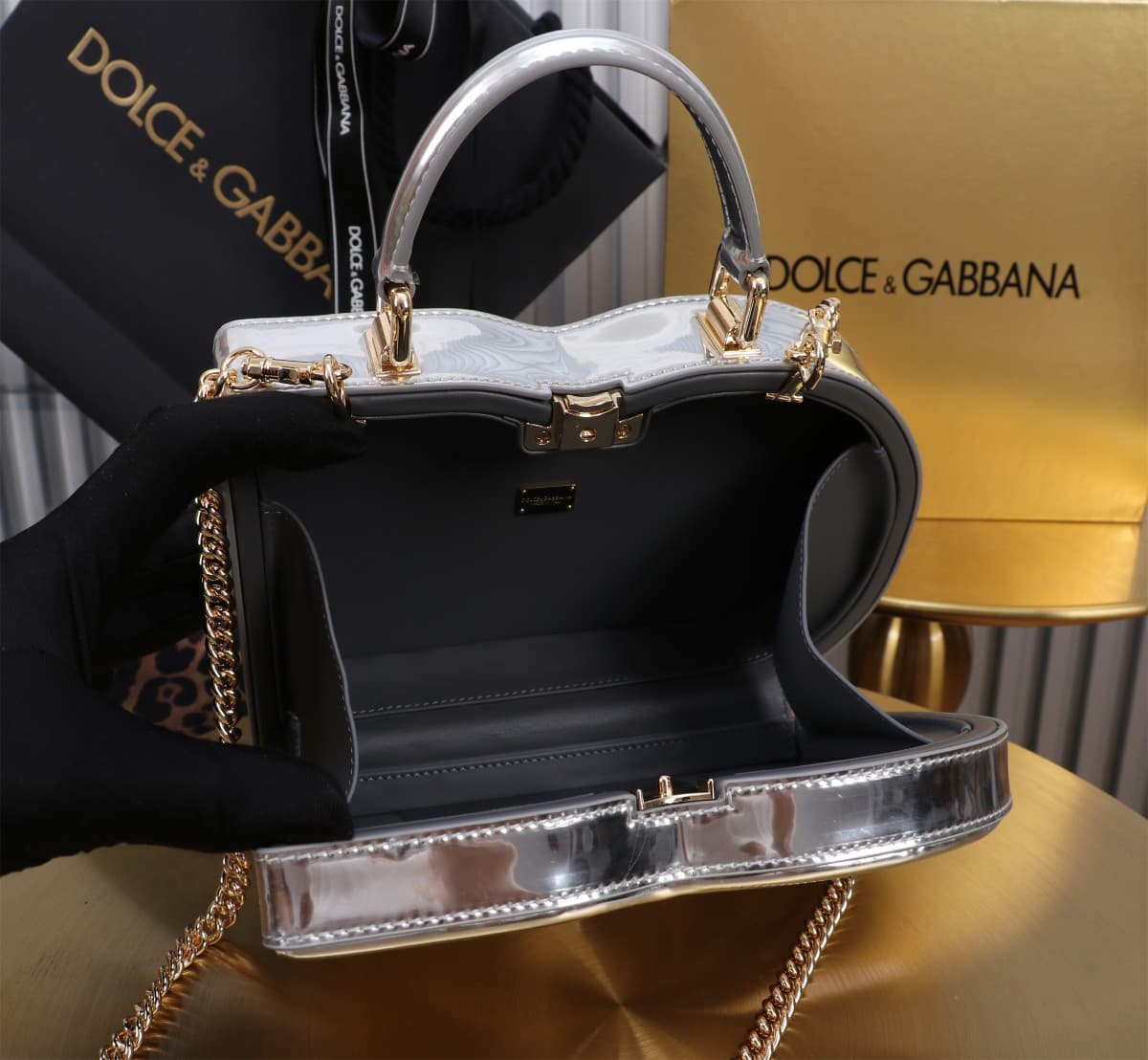 Dolce & Gabbana silver patent leather DG Logo handbag high