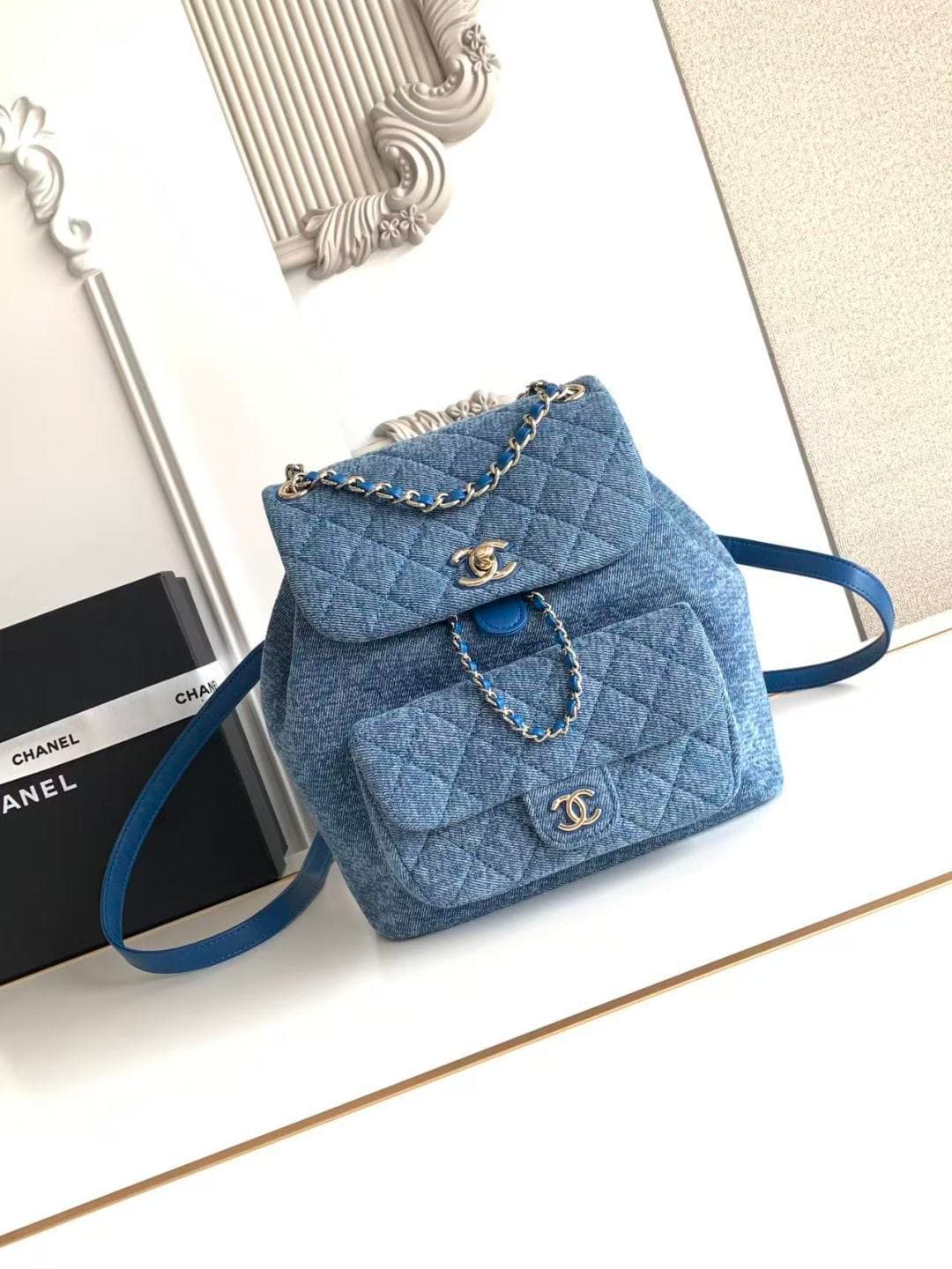 Chanel Large Backpack Washed Denim & Gold-Tone Metal Blue AS3618 A