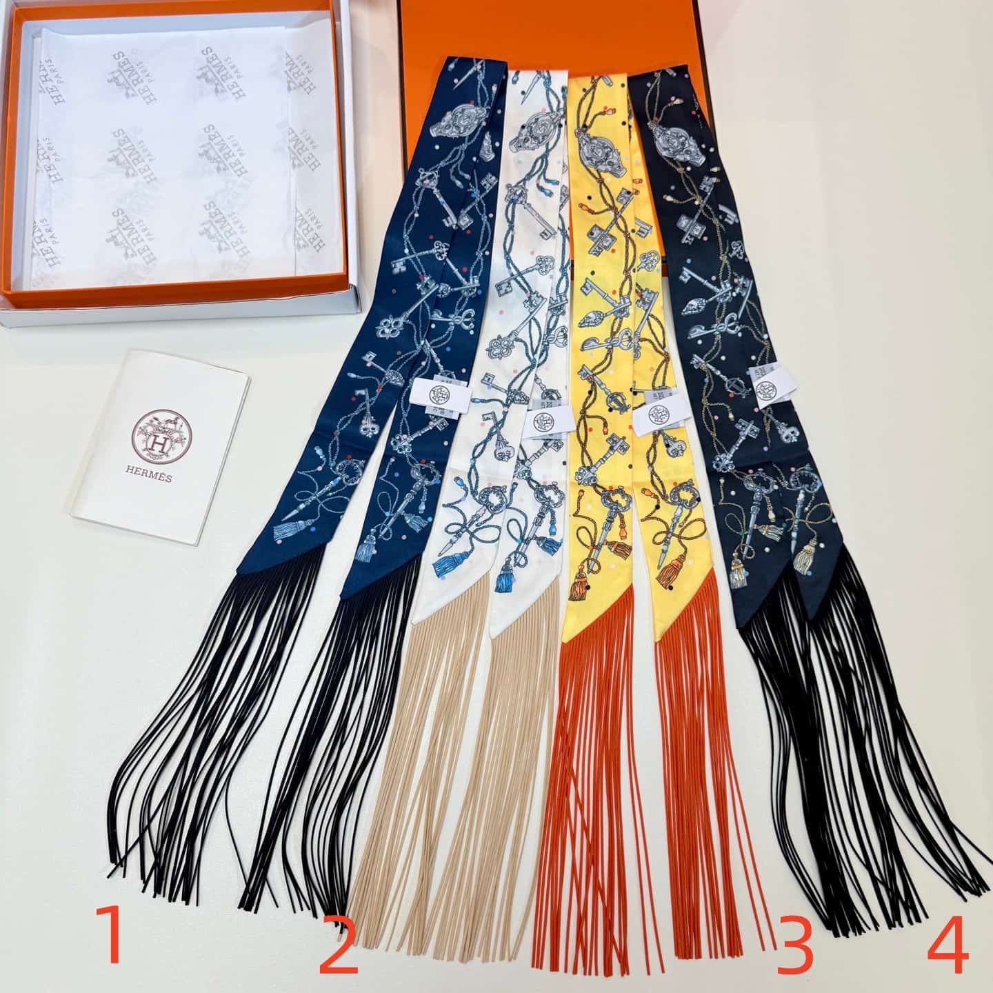 Hermes Les Cles a Pois Fringed Silk Twilly