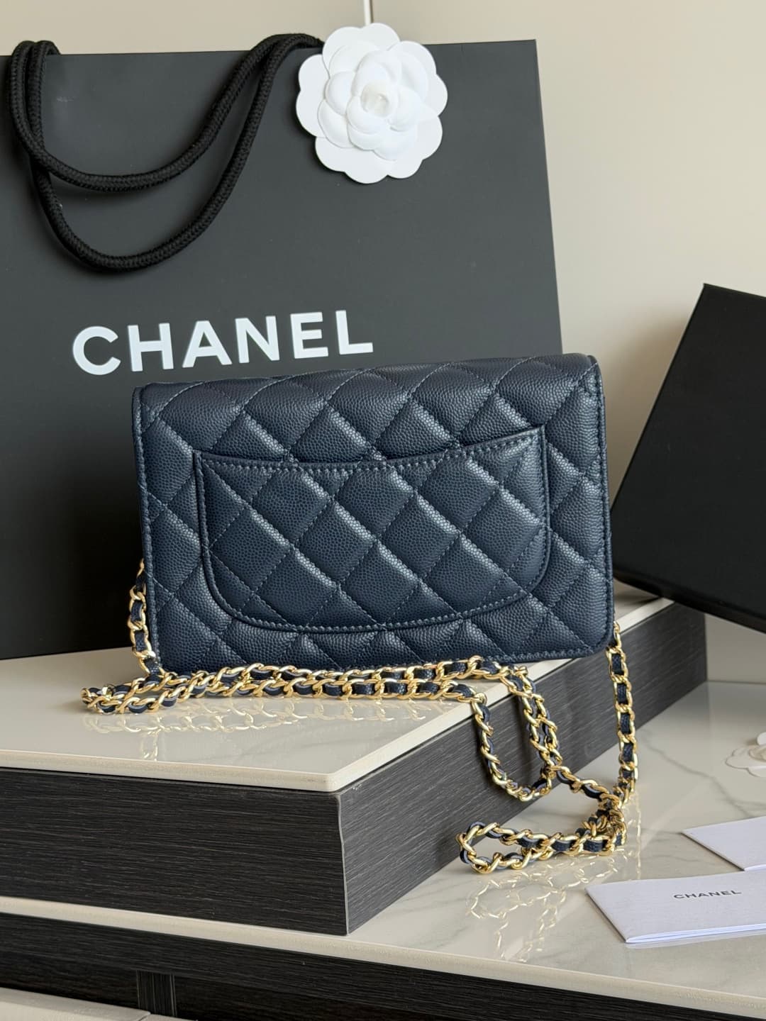 Chanel Wallet on Chain Shiny Grained Calfskin Strass & Gold-Tone Metal Dark Blue AP5073 High