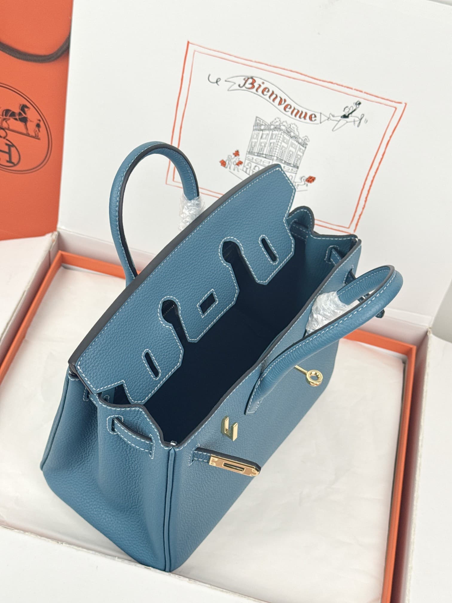 Hermes Birkin 25/30 Bag Togo Calfskin Leather Bleu Jean High
