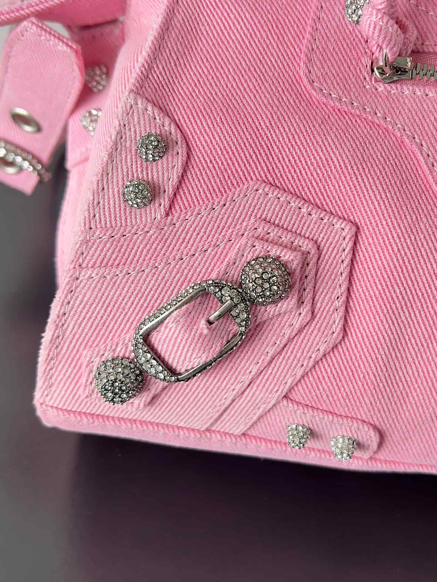 Balenciaga Small Neo Cagole City bag in Pink Washed Frayed Denim with crystal High