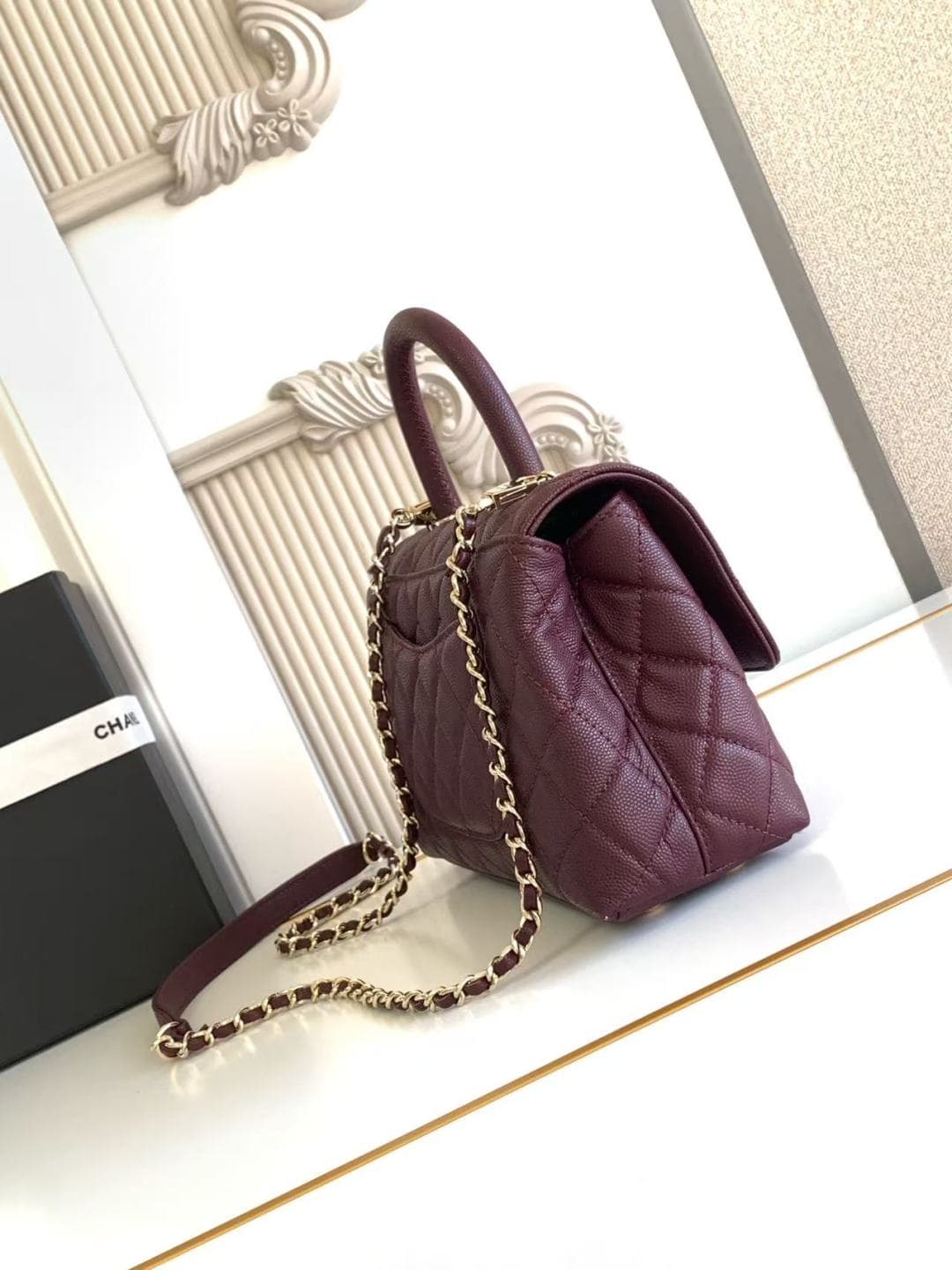 FLAP BAG WITH TOP HANDLE Grained Calfskin & Gold-Tone Metal A92990 Burgundy Binding A