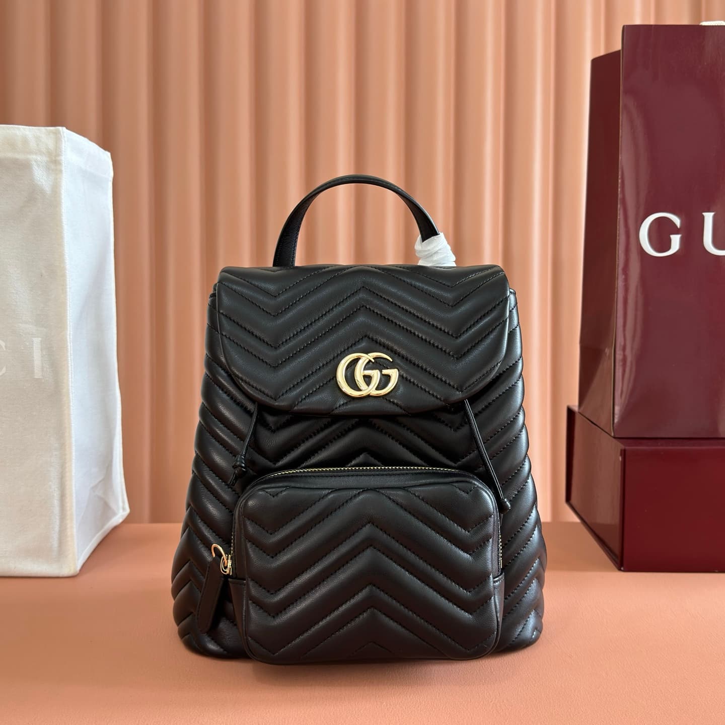 Gucci GG Marmont Small Backpack Black Matelassé Chevron Nappa Leather 861878  High