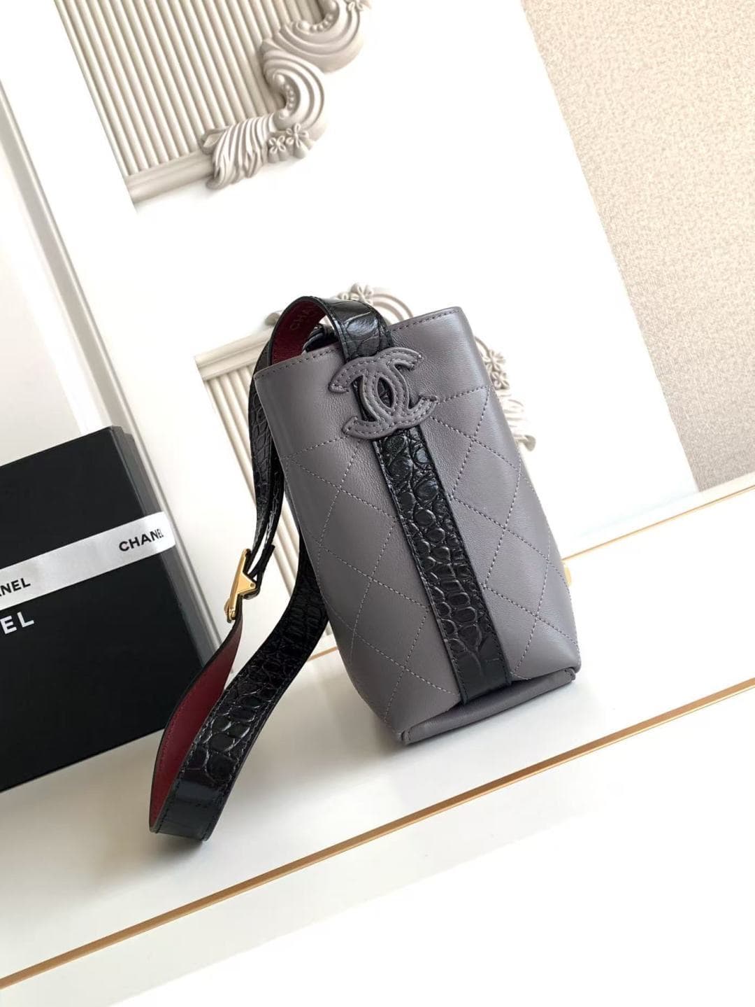 Chanel Small Bucket Bag Calfskin Leather & Gold-Tone Metal Grey AS6537 A